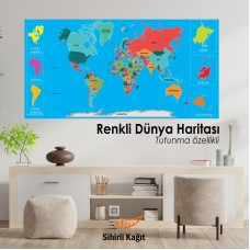 Sihirli Kağıt Dünya Haritası Beyaz Kağıt Üzerine Renkli Baskı 118x56cm
