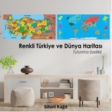 Sihirli Kağıt Türkiye ve Dünya Haritası Set Beyaz Kağıt Üzerine Renkli Baskı 118x56cm 2'li