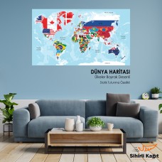 Sihirli Kağıt Dünya Haritası Beyaz Kağıt Üzerine Renkli Baskı Ülkeler Bayrak Desenli İngilizce 117x70cm
